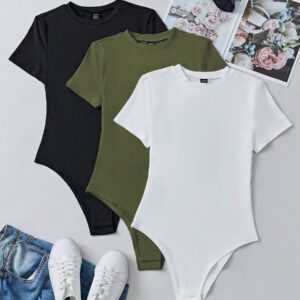 Flirla Body à manches courtes de couleur unie pour femme pour le printemps et l été