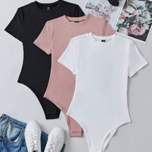 Flirla Body à manches courtes de couleur unie pour femme pour le printemps et l été