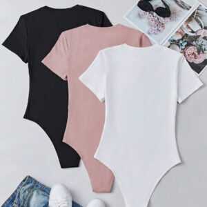 Flirla Body à manches courtes de couleur unie pour femme pour le printemps et l été