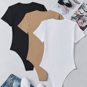 Flirla Body à manches courtes de couleur unie pour femme pour le printemps et l été