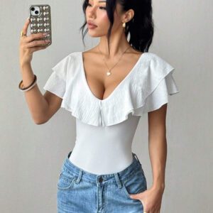Chiquease Body une pièce casual à volants de couleur unie pour femme, été