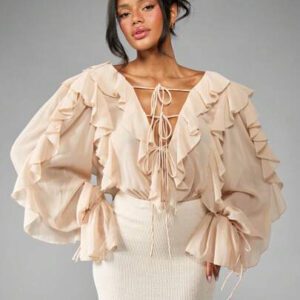 MISSGUIDED Body élégant en mousseline volantée, style bohème, manches longues bouffantes, laçage devant, pour mariage, douche nuptiale, événement spécial, soirée, tenue de cérémonie