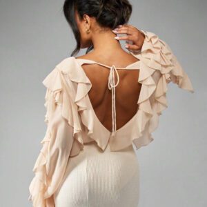 MISSGUIDED Body élégant en mousseline volantée, style bohème, manches longues bouffantes, laçage devant, pour mariage, douche nuptiale, événement spécial, soirée, tenue de cérémonie