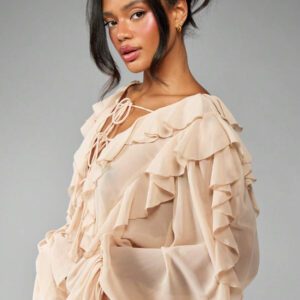 MISSGUIDED Body élégant en mousseline volantée, style bohème, manches longues bouffantes, laçage devant, pour mariage, douche nuptiale, événement spécial, soirée, tenue de cérémonie
