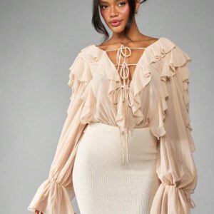 MISSGUIDED Body élégant en mousseline volantée, style bohème, manches longues bouffantes, laçage devant, pour mariage, douche nuptiale, événement spécial, soirée, tenue de cérémonie
