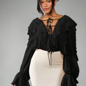 MISSGUIDED Body élégant en mousseline volantée, style bohème, manches longues bouffantes, laçage devant, pour mariage, douche nuptiale, événement spécial, soirée, tenue de cérémonie