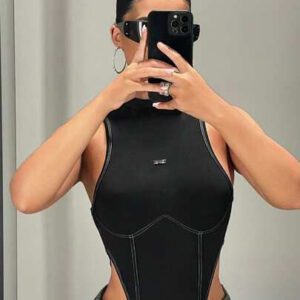 SHEIN ICON Combinaison sans manches noire avec lettres métalliques à la mode et sportive pour l'été pour femmes, style Y2K