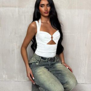 Glamine Combinaison sans manches pour femmes avec détail d'anneau ouvert texturé, été