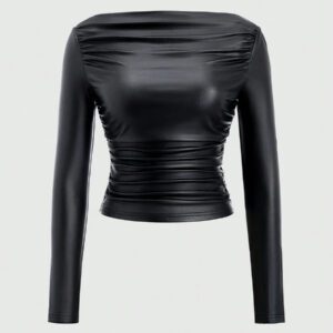 Flirla Women's Ruched Fashionable Fitted Off-Shoulder Long Sleeve PU Leather T-Shirt