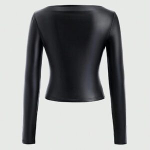 Flirla Women's Ruched Fashionable Fitted Off-Shoulder Long Sleeve PU Leather T-Shirt