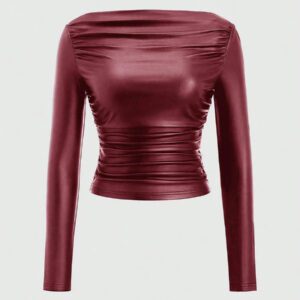 Flirla Women's Ruched Fashionable Fitted Off-Shoulder Long Sleeve PU Leather T-Shirt