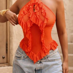 Sirith Women's Elegant Asymmetrical Ruffle Trim Blouse, Made Of Chiffon Material, Asymmetrical Hem, Multi-Layer Ruffle Trim, Fitted Waist