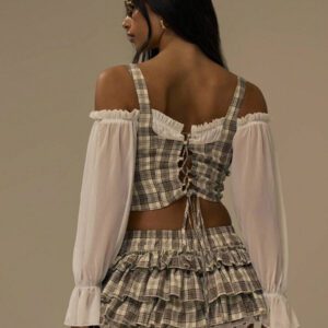 MUSERA Layered Chiffon Off Shoulder Plaid Corset Top Fall Cute Streetwear Festival Farmhouse , Country, Vintage, Fall Autumn Halloween