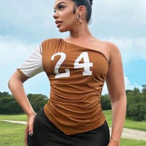 Zolique Foxxy Wild Fashion Asymmetrical Shoulder Pleated Slim Sexy Women's Digital Street Retro Printed Summer T-Shirt,Women's Casual Streetwear Tops,Cotton Streetwear T-Shirts