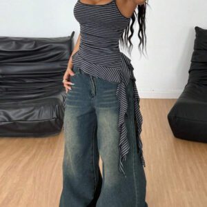 Coolane Women's Grunge Daily Wear Streetwear Casual Going Out Grey And Black Halter Top Ruffle