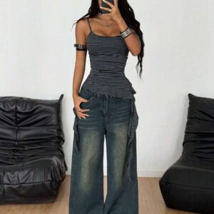 Coolane Women's Grunge Daily Wear Streetwear Casual Going Out Grey And Black Halter Top Ruffle