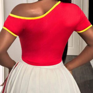 BamGleam Women's Color Block Letter Print Open Shoulder Cropped Fitted T-Shirt