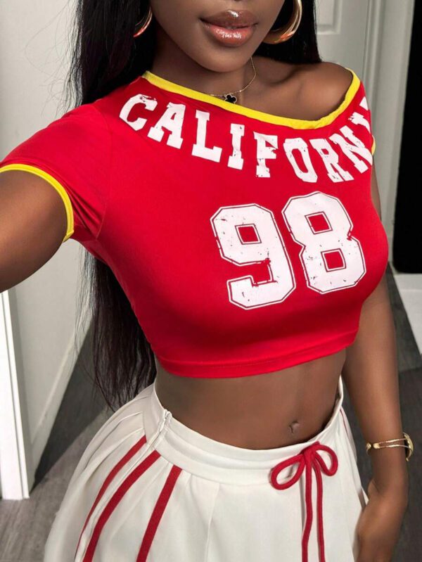 BamGleam Women's Color Block Letter Print Open Shoulder Cropped Fitted T-Shirt – Image 8