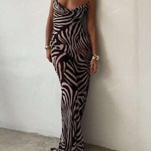 Sexy Elegant Plunging Neckline Slim Fit Maxi Dress With Zebra Print, Feminine Elegant, Suitable For Vacation & Daily Wear