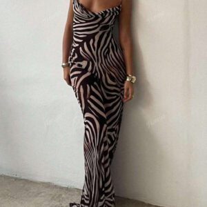 Sexy Elegant Plunging Neckline Slim Fit Maxi Dress With Zebra Print, Feminine Elegant, Suitable For Vacation & Daily Wear