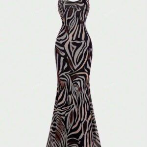 Sexy Elegant Plunging Neckline Slim Fit Maxi Dress With Zebra Print, Feminine Elegant, Suitable For Vacation & Daily Wear