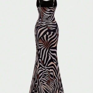 Sexy Elegant Plunging Neckline Slim Fit Maxi Dress With Zebra Print, Feminine Elegant, Suitable For Vacation & Daily Wear