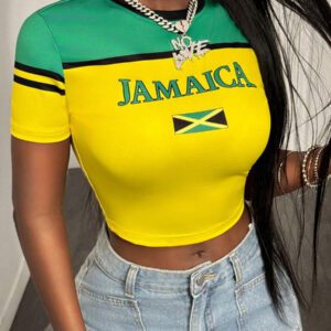 BamGleam Women's Green & Yellow Contrast Splicing Letter Print Slim Fitted Cropped T-Shirt