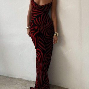 Sexy Elegant Plunging Neckline Slim Fit Maxi Dress With Zebra Print, Feminine Elegant, Suitable For Vacation & Daily Wear