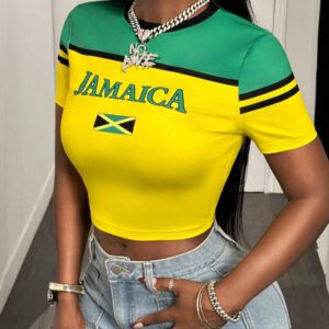 BamGleam Women's Green & Yellow Contrast Splicing Letter Print Slim Fitted Cropped T-Shirt