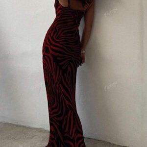 Sexy Elegant Plunging Neckline Slim Fit Maxi Dress With Zebra Print, Feminine Elegant, Suitable For Vacation & Daily Wear