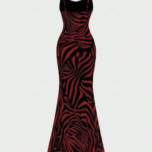 Sexy Elegant Plunging Neckline Slim Fit Maxi Dress With Zebra Print, Feminine Elegant, Suitable For Vacation & Daily Wear