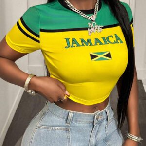 BamGleam Women's Green & Yellow Contrast Splicing Letter Print Slim Fitted Cropped T-Shirt