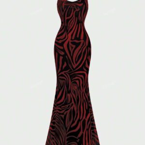 Sexy Elegant Plunging Neckline Slim Fit Maxi Dress With Zebra Print, Feminine Elegant, Suitable For Vacation & Daily Wear