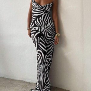 Sexy Elegant Plunging Neckline Slim Fit Maxi Dress With Zebra Print, Feminine Elegant, Suitable For Vacation & Daily Wear