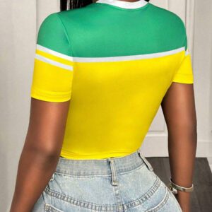 BamGleam Women's Green & Yellow Contrast Splicing Letter Print Slim Fitted Cropped T-Shirt
