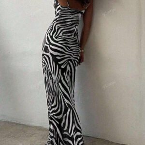 Sexy Elegant Plunging Neckline Slim Fit Maxi Dress With Zebra Print, Feminine Elegant, Suitable For Vacation & Daily Wear