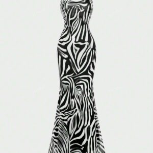 Sexy Elegant Plunging Neckline Slim Fit Maxi Dress With Zebra Print, Feminine Elegant, Suitable For Vacation & Daily Wear