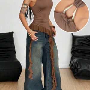 Coolane Women's Summer Festival Streetwear Western Wear Casual Vintage Stretchy Mesh And Cable-Knit Ruffle T-Shirt