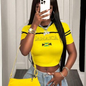 BamGleam Women's Green & Yellow Contrast Splicing Letter Print Slim Fitted Cropped T-Shirt
