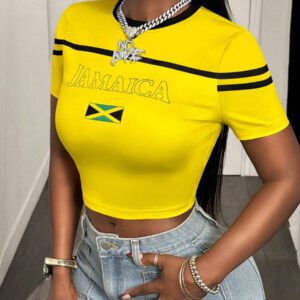 BamGleam Women's Green & Yellow Contrast Splicing Letter Print Slim Fitted Cropped T-Shirt