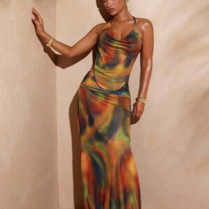 Hauture Sexy Summer Vacation Abstract Printed Cowl Ornament Detail Cut Out Open Back Maxi Dress