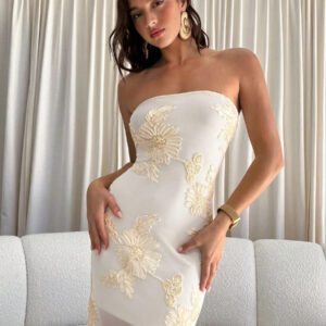 Aloruh Fall Dresses For Women, Elegant Birthday Party Bodycon Dress Country Music Festival Concert Teacher Dress Date Night Dress Wedding Guest Apricot Color Mesh Embroidered Strapless Elegant Fashion Tube Top Long Dress