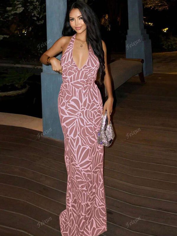 Elegant Backless Abstract Print Camisole Dress, Sleeveless V-Neck – Image 14