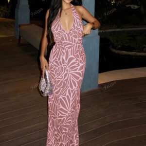 Elegant Backless Abstract Print Camisole Dress, Sleeveless V-Neck