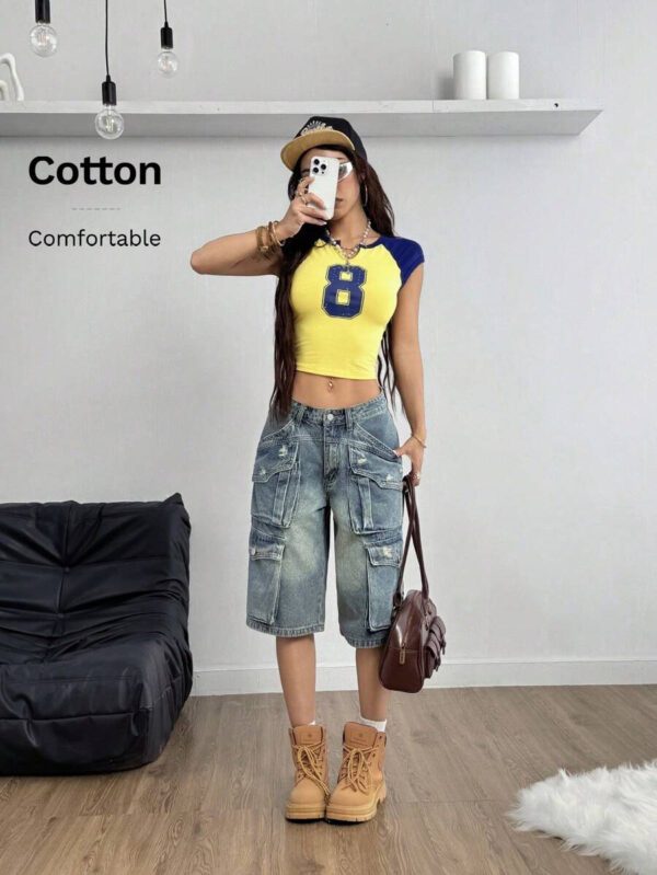 Coolane Women's Spring/Summer Streetwear Sport Color-Blocked Number Pattern T-Shirt T Shirt – Image 2