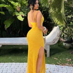 SHEIN SXY Yellow Sleeveless High Slit Dress, Summer, , Yellow, Island Vacation Outfits, Pool Party Outfit, Summer Dress, Beach Outfits For Woman, Vacation Outfits Woman, Boho Women's Clothing, Brunch Outfits For Women, Cruise Outfits Women, Strapless Dress, Hawaii Outfits Women, Sexy Outfits For Women, Ibiza Outfits Summer Dresses For Women