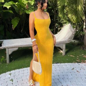 SHEIN SXY Yellow Sleeveless High Slit Dress, Summer, , Yellow, Island Vacation Outfits, Pool Party Outfit, Summer Dress, Beach Outfits For Woman, Vacation Outfits Woman, Boho Women's Clothing, Brunch Outfits For Women, Cruise Outfits Women, Strapless Dress, Hawaii Outfits Women, Sexy Outfits For Women, Ibiza Outfits Summer Dresses For Women