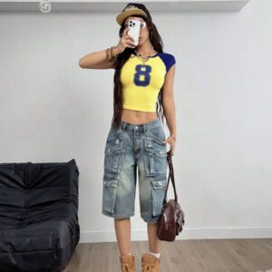 Coolane Women's Spring/Summer Streetwear Sport Color-Blocked Number Pattern T-Shirt T Shirt