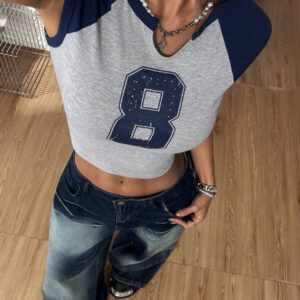Coolane Women's Spring/Summer Streetwear Sport Color-Blocked Number Pattern T-Shirt T Shirt