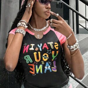 Coolane Women's Spring/Summer Streetwear Sport Color-Blocked Number Pattern T-Shirt T Shirt